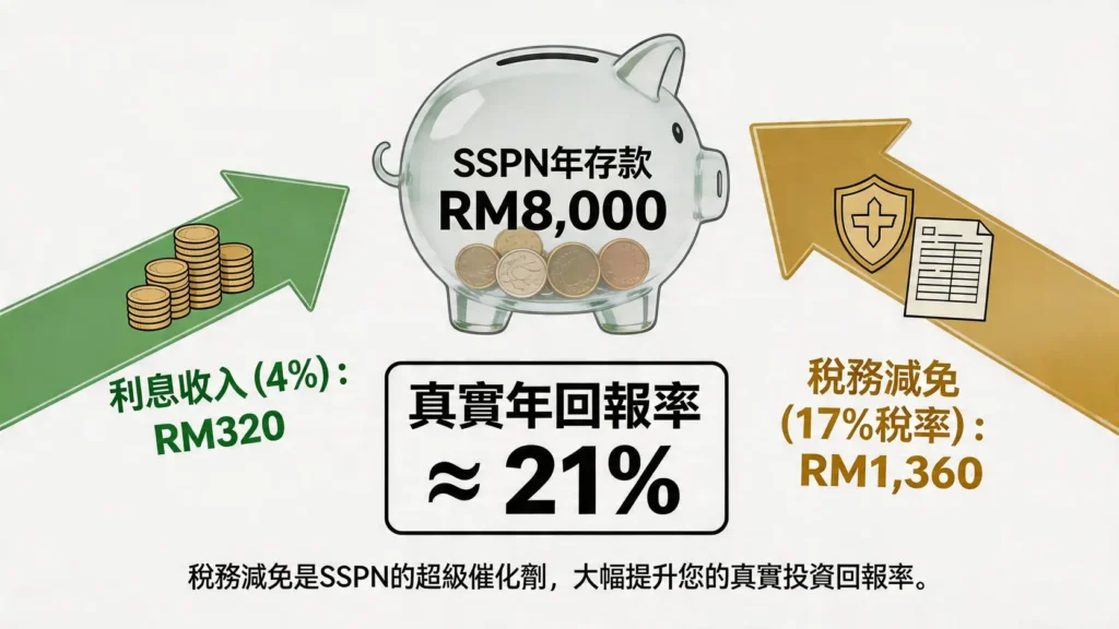 copertina-10848-3 SSPN真實年回報率計算圖,顯示RM8,000存款如何通過4%利息和17%稅率的稅務減免,實現高達21%的綜合回報。",caption:"稅務減免是SSPN的超級催化劑,大幅提升您的真實投資回報率。",desc:"使用資訊圖表風格的數據可視化,將利息收入和稅務減免這兩部分收益疊加起來,突顯SSPN結合稅務優惠後的高真實回報率,增強說服力。",image_id:"{{ $json.postid }}-3