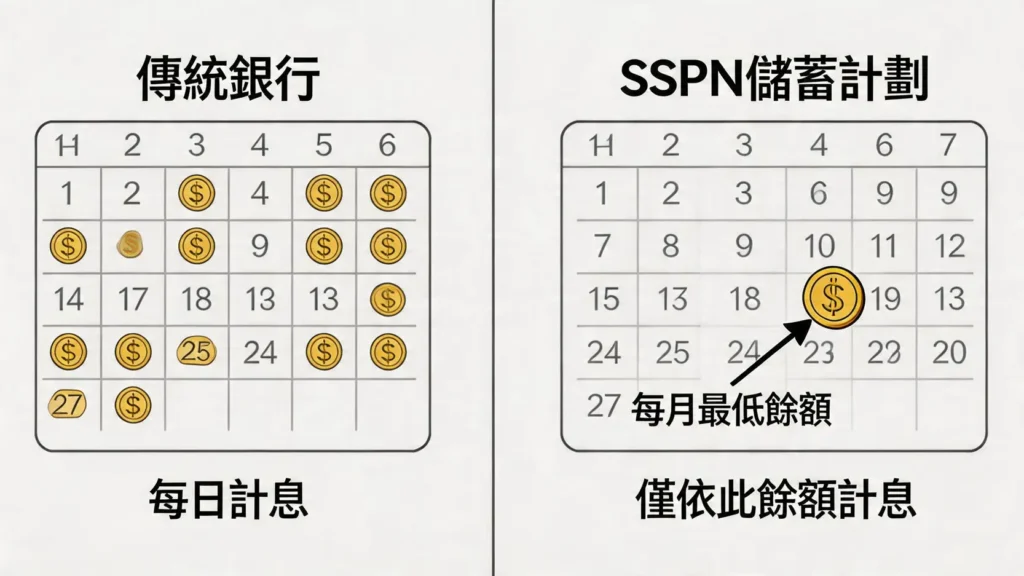 copertina-10897-1 圖表對比傳統銀行按日計息與SSPN按每月最低餘額計息的區別",caption:"SSPN獨特的“每月最低餘額”計息方式 vs. 傳統銀行每日計息",desc:"用對比圖清晰展示SSPN獨特的“每月最低餘額”計息方式與傳統銀行按日計息的根本區別,幫助讀者直觀理解核心概念。",image_id:"{{ $json.postid }}-1
