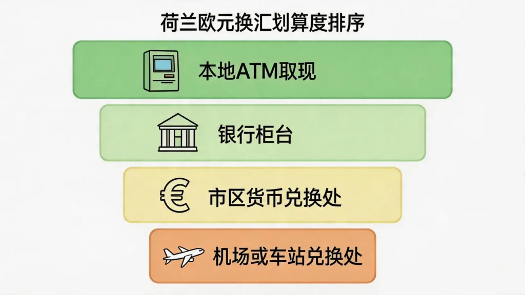 copertina-10909-2 一张信息图,以金字塔形式排列荷兰换汇的最佳渠道,顶端是推荐度最高的ATM取现,底端是最不推荐的机场兑换。",caption:"荷兰欧元换汇划算度排序",desc:"利用层级图清晰地展示兑换欧元最划算的管道顺序,从最佳选择(ATM)到最不推荐的选择(机场),让遊客一目了然,避免匯率損失。",image_id:"{{ $json.postid }}-2