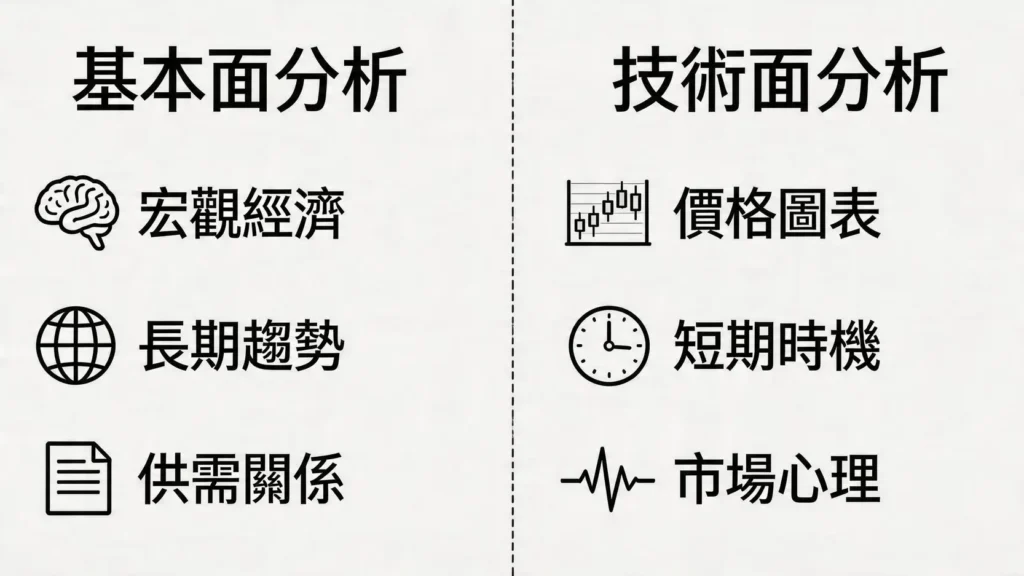 copertina-10912-1 一張圖解釋黃金投資的基本面分析與技術面分析,展示了兩種分析方法的核心關注點和目標的對比。",caption:"基本面分析 vs. 技術面分析:決定長期趨勢與捕捉短期時機",desc:"使用對比圖並排展示基本面分析和技術面分析的核心差異,幫助讀者快速理解兩種方法的不同關注點和應用場景。",image_id:"{{ $json.postid }}-1