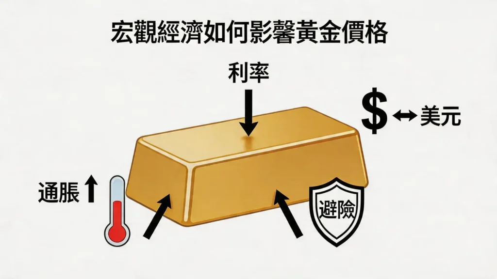 copertina-10912-2 影響黃金價格的四大宏觀經濟因素示意圖,包括利率、美元、通脹和避險情緒。",caption:"宏觀經濟如何影響黃金價格",desc:"使用概念示意圖,將影響金價的幾個核心宏觀經濟因素(實際利率、美元、通脹、避險情緒)具象化,幫助讀者直觀理解它們對金價的正負向作用力。",image_id:"{{ $json.postid }}-2