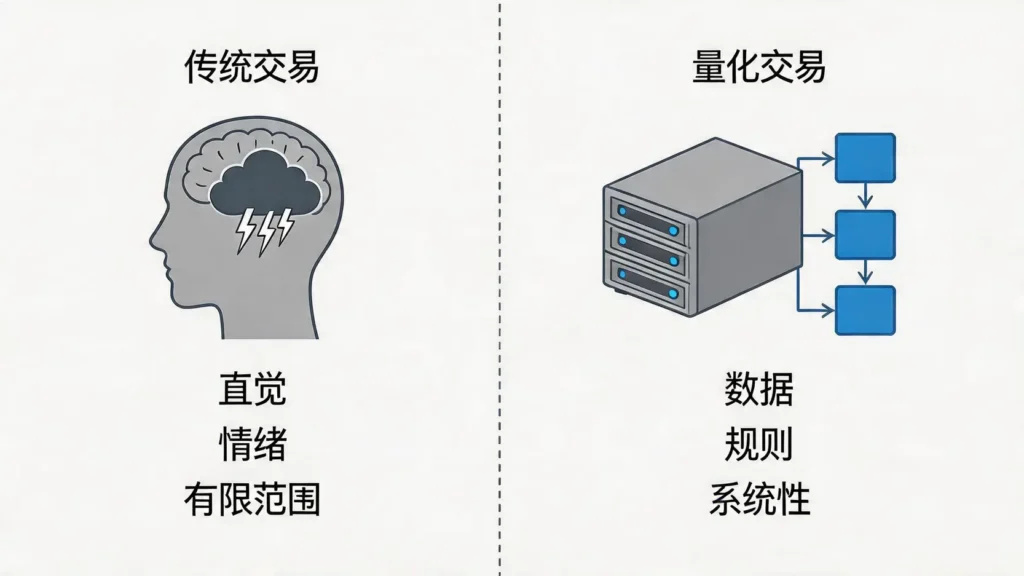 copertina-10914-1 传统交易与黄金量化交易的核心区别对比图",caption:"量化交易通过系统和规则,克服了传统交易中情绪化决策的弊端。",desc:"使用对比图,直观地展示传统交易(依赖主观情感)与量化交易(依赖数据规则)在决策依据、处理能力和纪律性上的核心差异,帮助读者快速理解后者的优势。",image_id:"{{ $json.postid }}-1