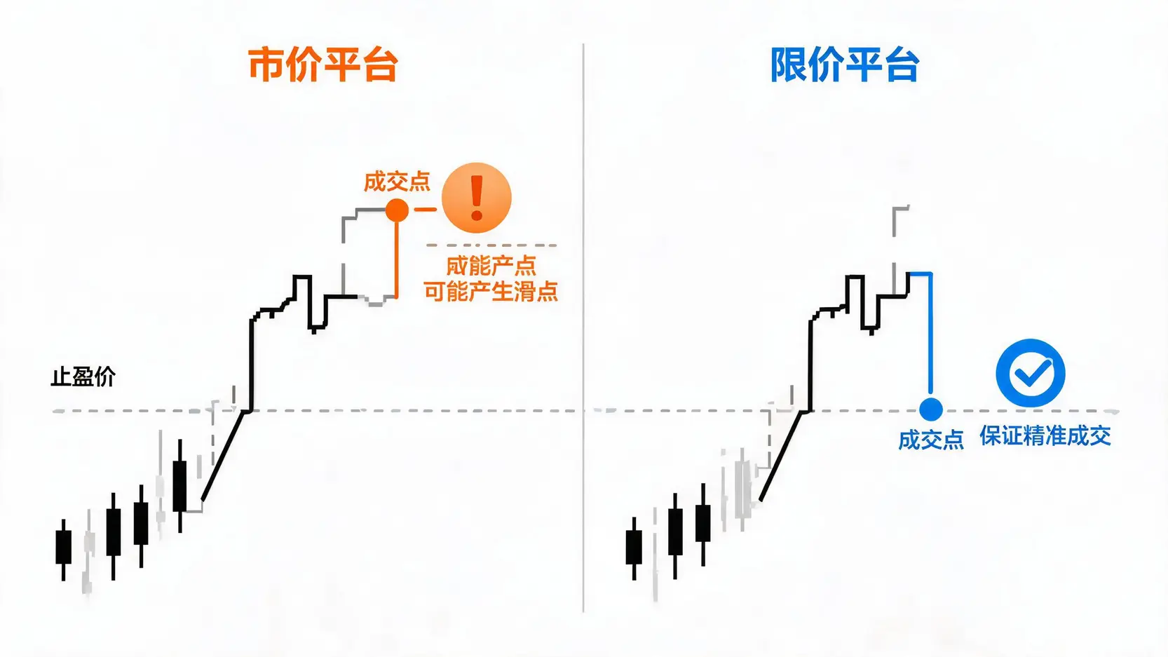 对比市价平台和限价平台在执行止盈单时的差异,说明了滑点风险。