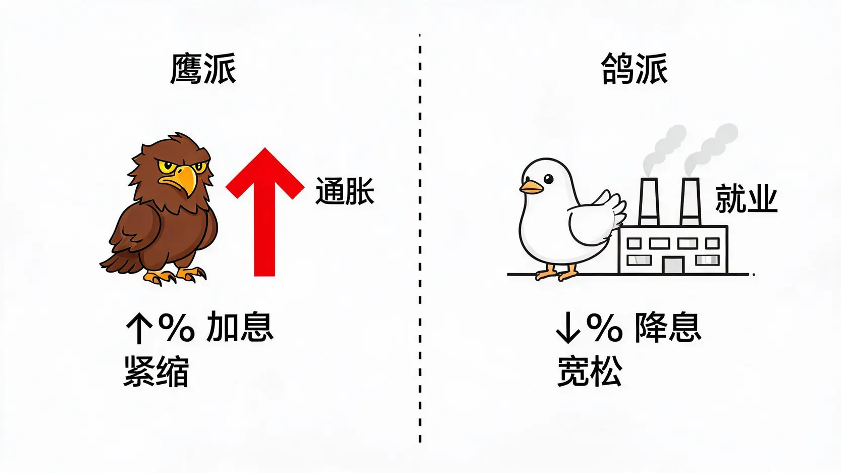 美联储鹰派与鸽派货币政策立场对比图,展示了各自的目标和工具。