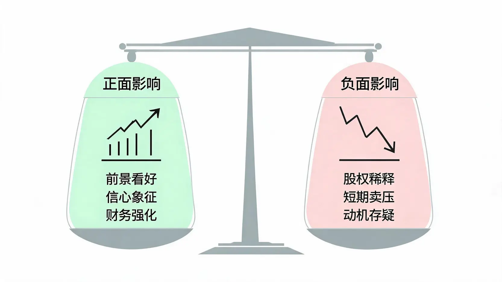 一张天平图,形象地对比了股票增资对股价的正面影响(如前景看好)与负面影响(如股权稀释)。