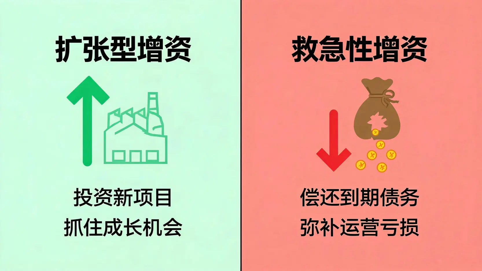 扩张型增资与救急性增资的对比图,清晰展示了两者的资金用途和对公司未来的不同影响。