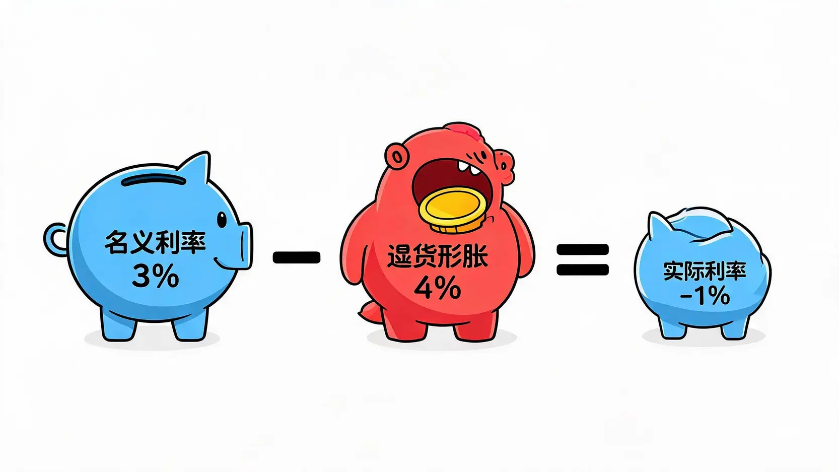 一张图解释实际利率,显示通货膨胀如何侵蚀名义利率,导致实际购买力下降。