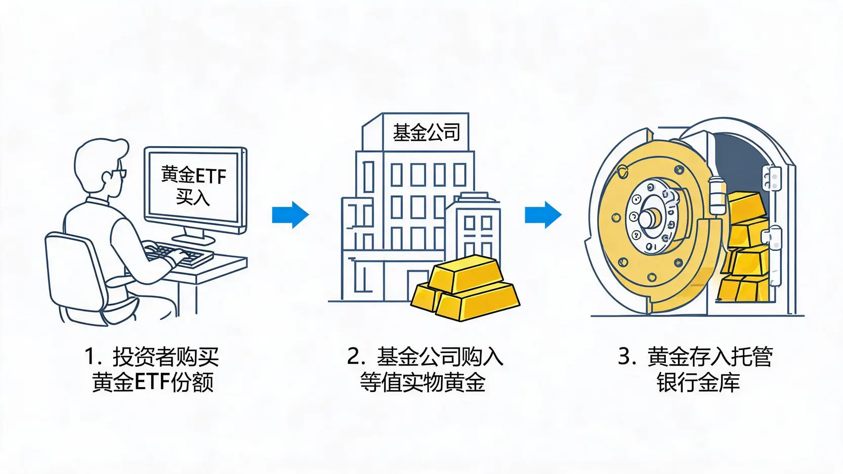 黄金ETF运作原理示意图,展示投资者购买份额、基金公司购买黄金、黄金存入金库的流程。