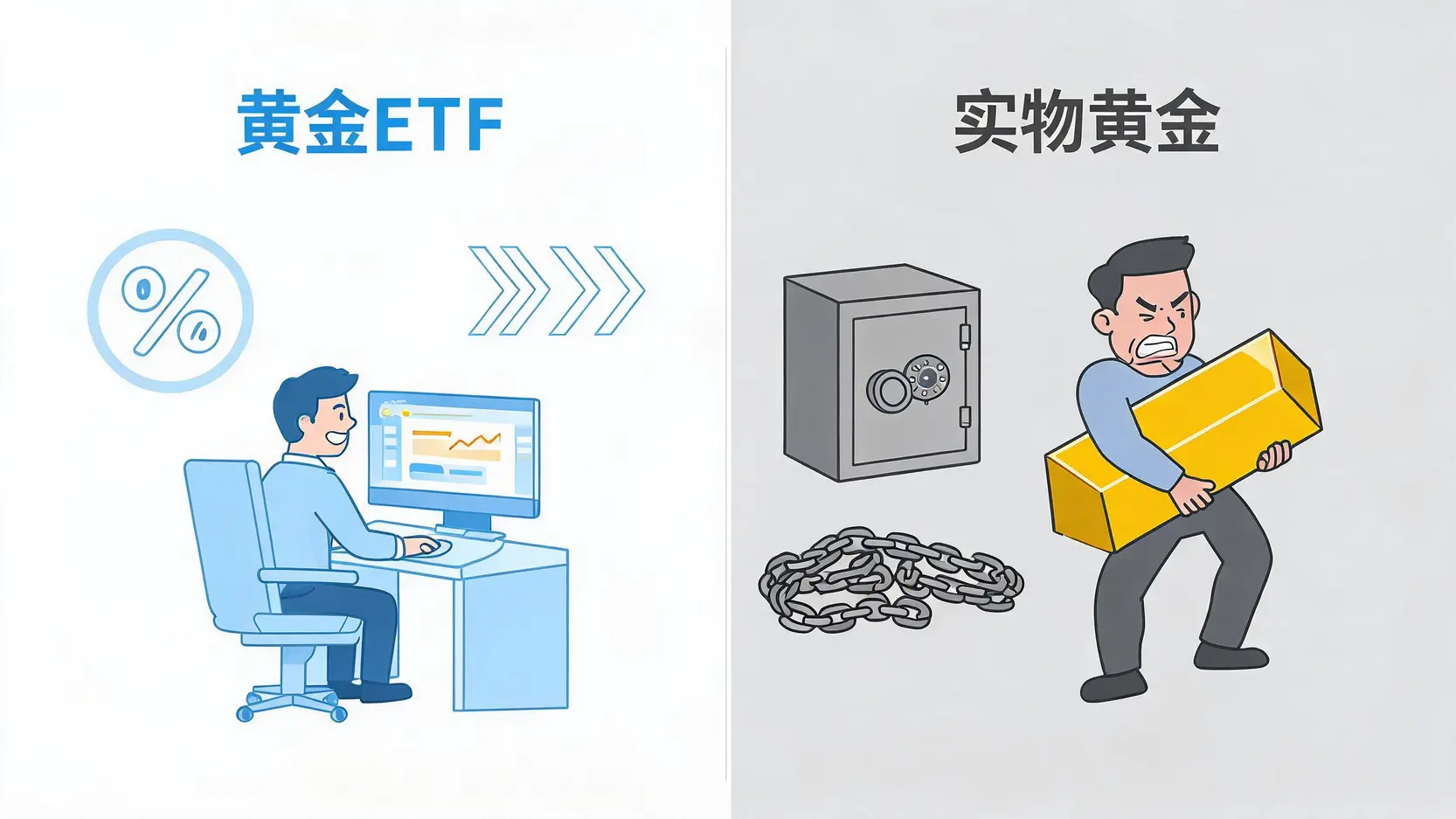 黄金ETF与实物黄金投资对比图,展示了黄金ETF在交易成本、流动性和便捷性上的优势。