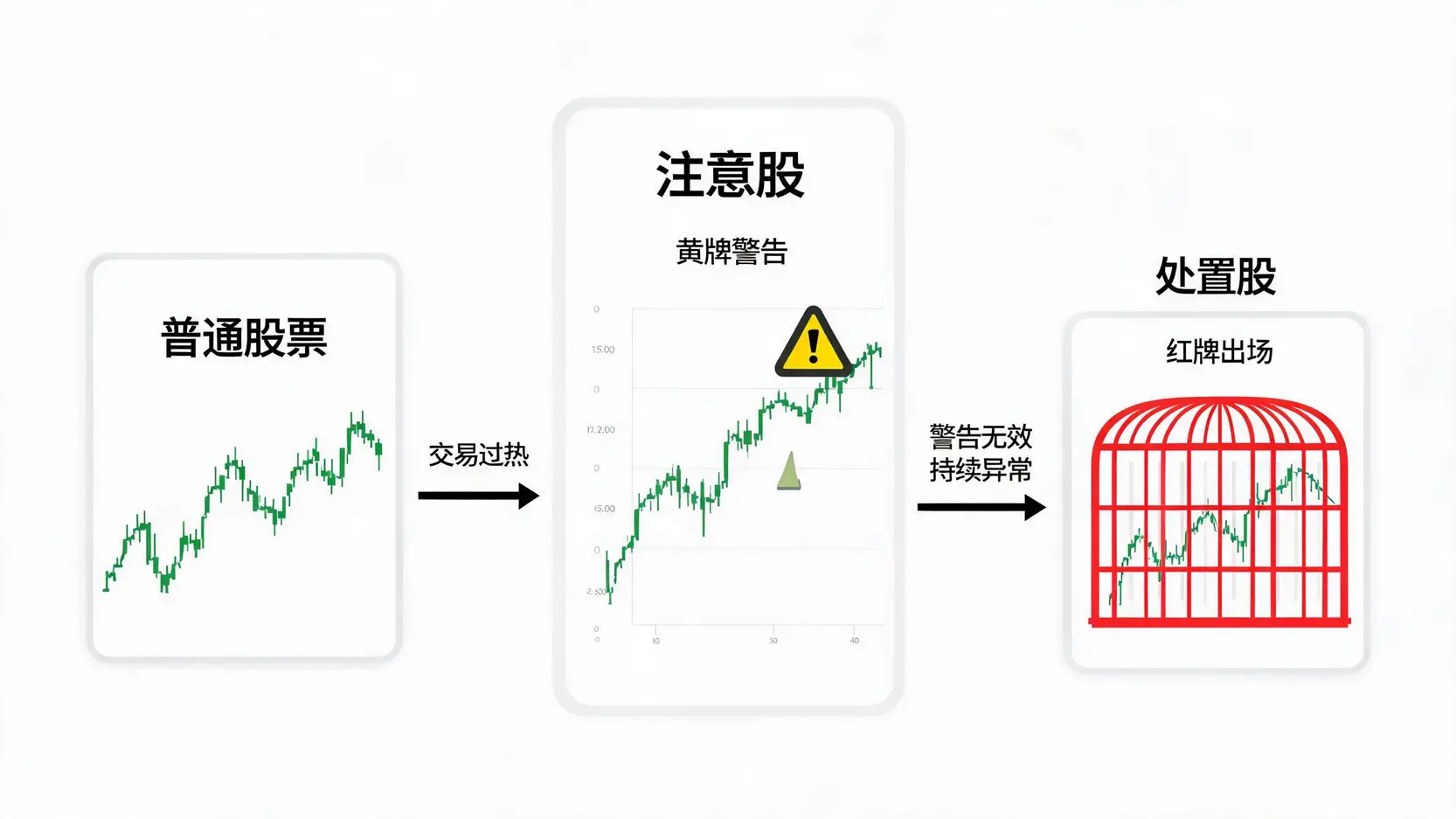 一张流程图,展示股票如何从普通股票,经由被列为注意股,最终变成处置股的三个阶段。