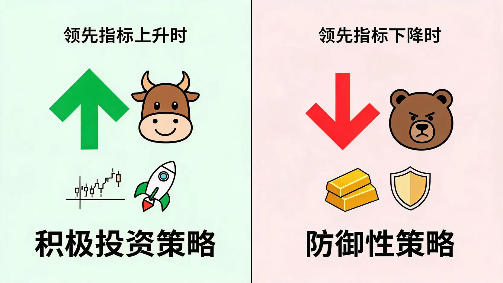 领先指标与投资决策示意图:指标上升时采取积极策略,指标下降时转向防御策略。