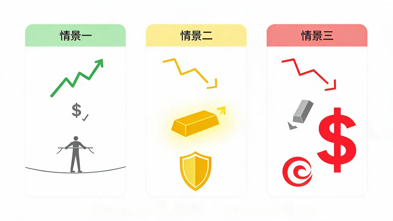 三种市场信号组合情景分析图:风险开启、避险模式与流动性危机。