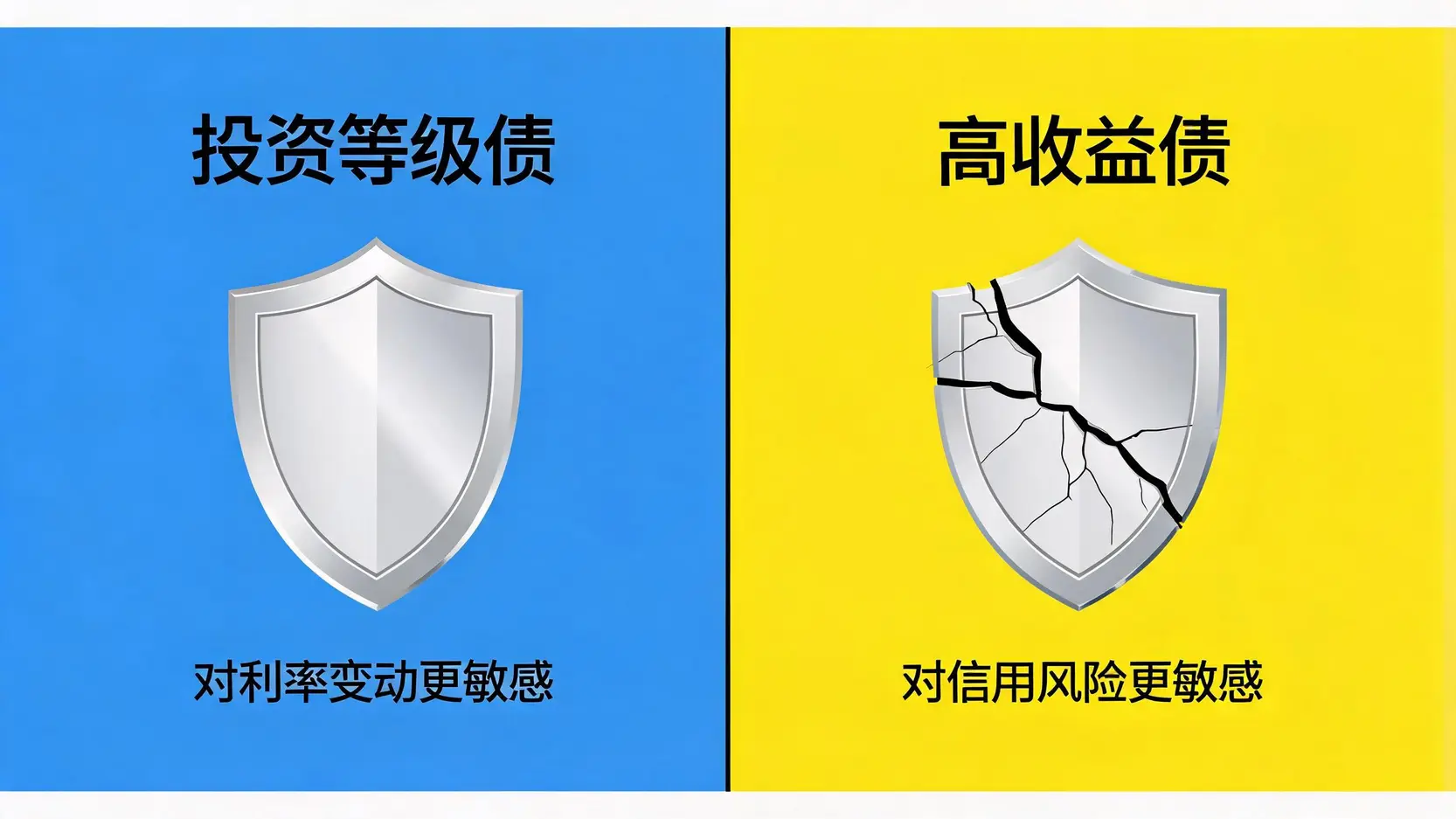 投资等级债与高收益债的对比图,显示前者对利率敏感,后者对信用风险敏感。