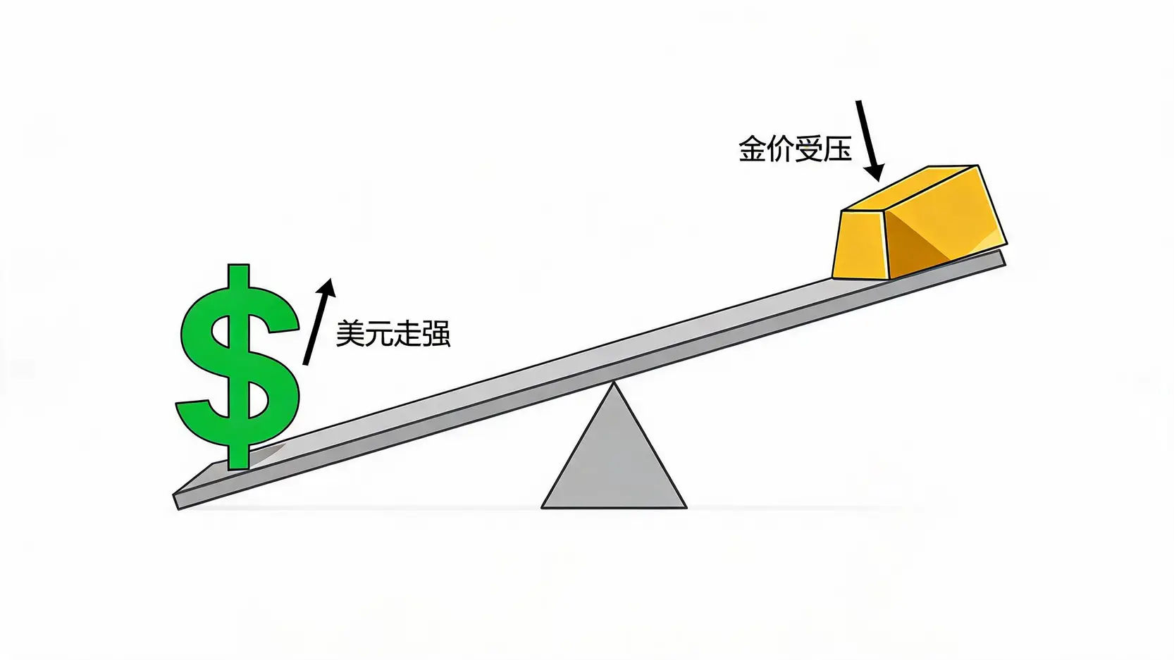 美元与黄金的跷跷板关系示意图,展示了美元走强时金价受压下跌的负相关性。
