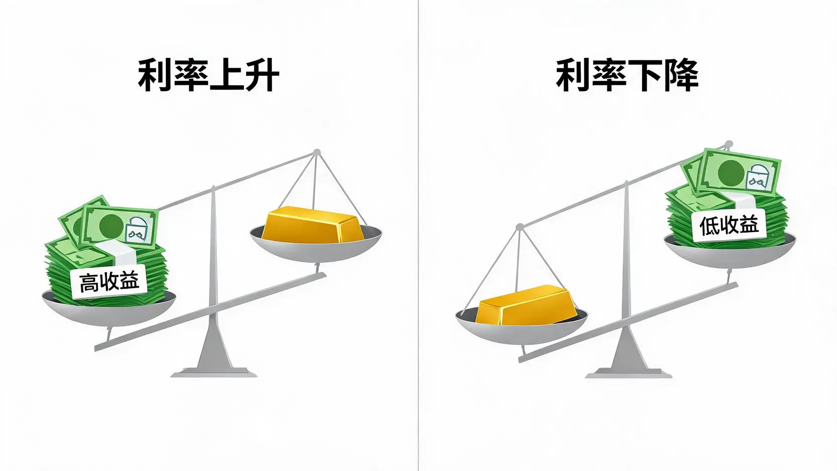 利率对黄金吸引力的影响对比图,显示高利率降低黄金吸引力,而低利率则增加其吸引力。