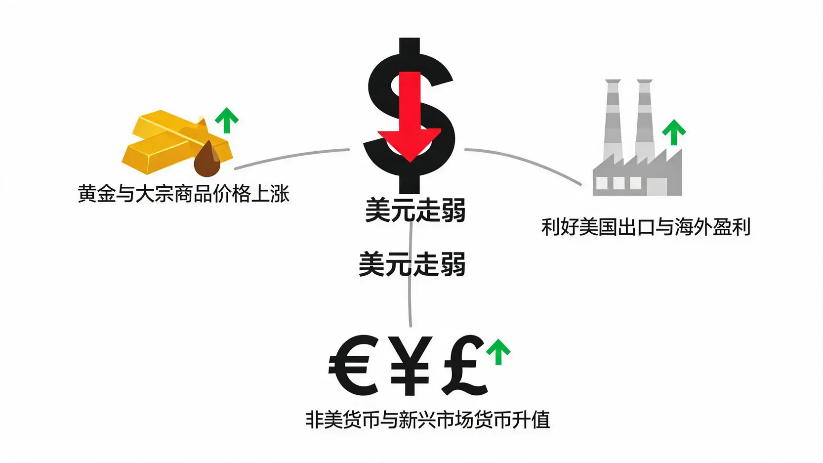 示意图展示美元指数下跌对其他资产的影响:黄金和非美货币上涨,美国出口增加。