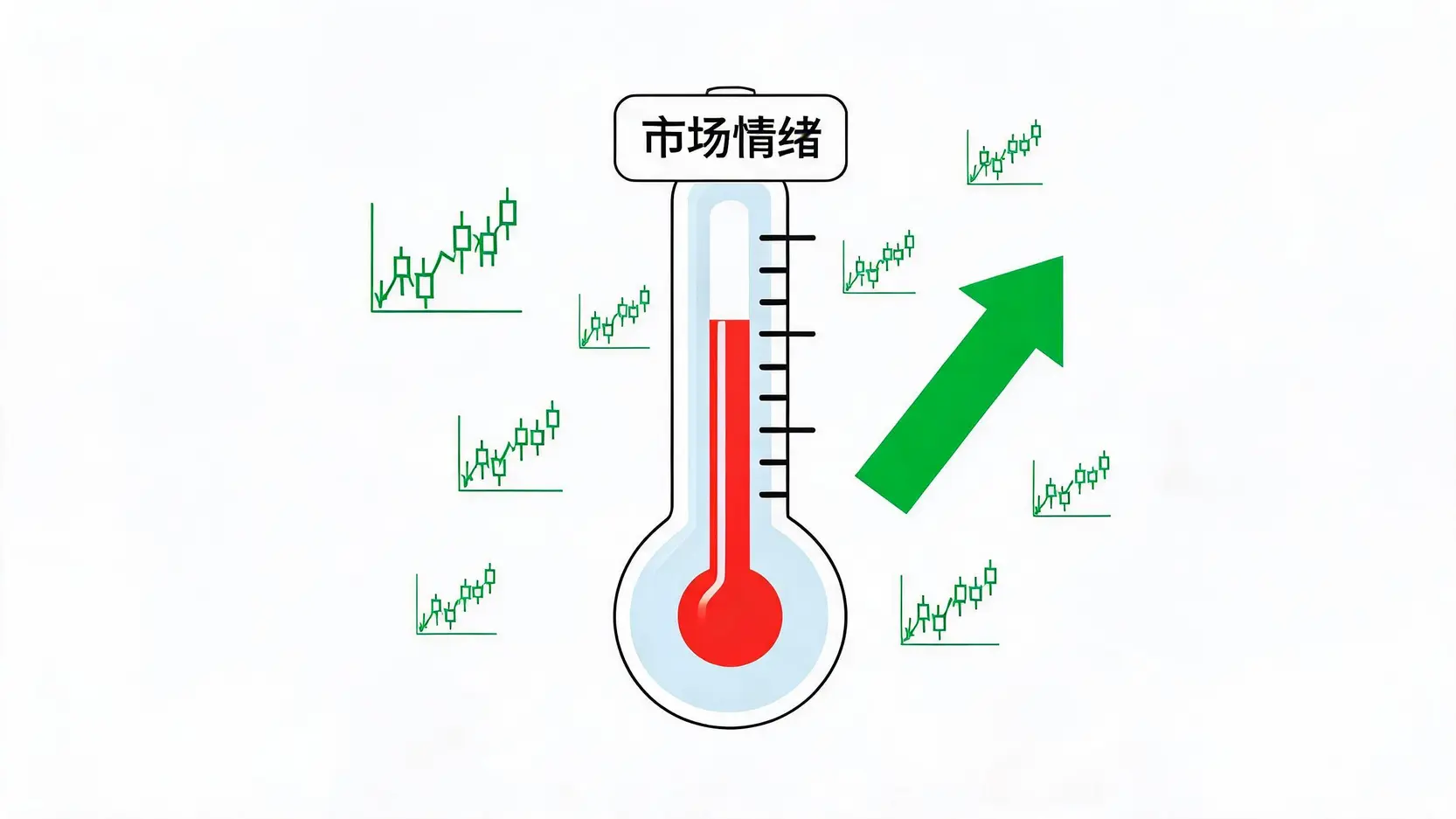 市场温度计的比喻图,显示一个温度计代表市场情绪,随着指数上升而变暖。
