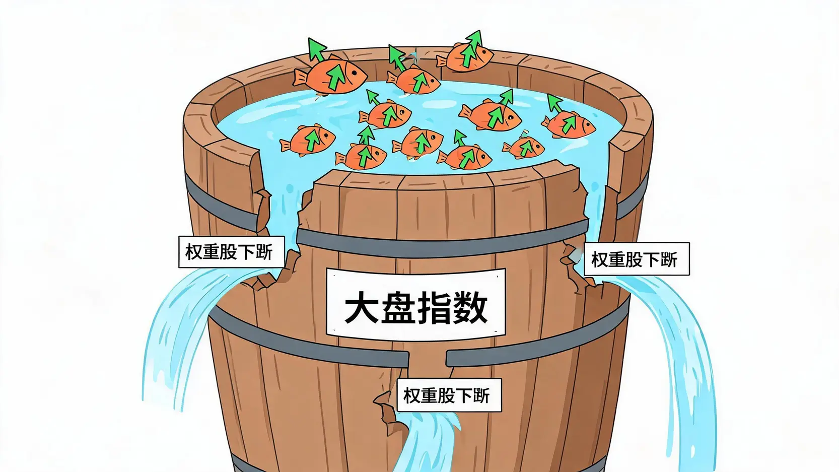一张图解释为什么大盘下跌个股却上涨,一个漏水的大木桶代表指数,几只权重股是主要漏水点,而许多小鱼代表的个股仍在桶内向上游。