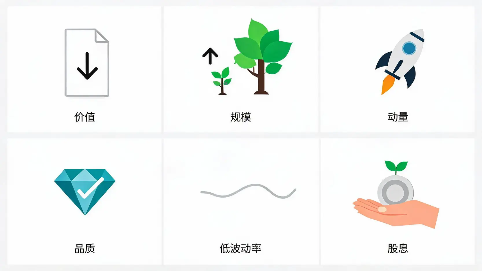 六种主流的智慧型贝塔投资因子图标:价值、规模、动量、品质、低波动率和股息。