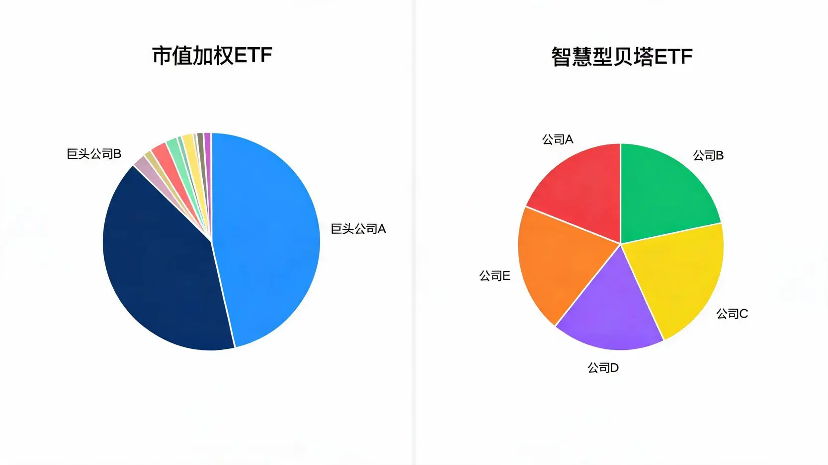市值加权ETF与智慧型贝塔ETF持仓权重对比图,显示了智慧型贝塔如何分散集中度风险。