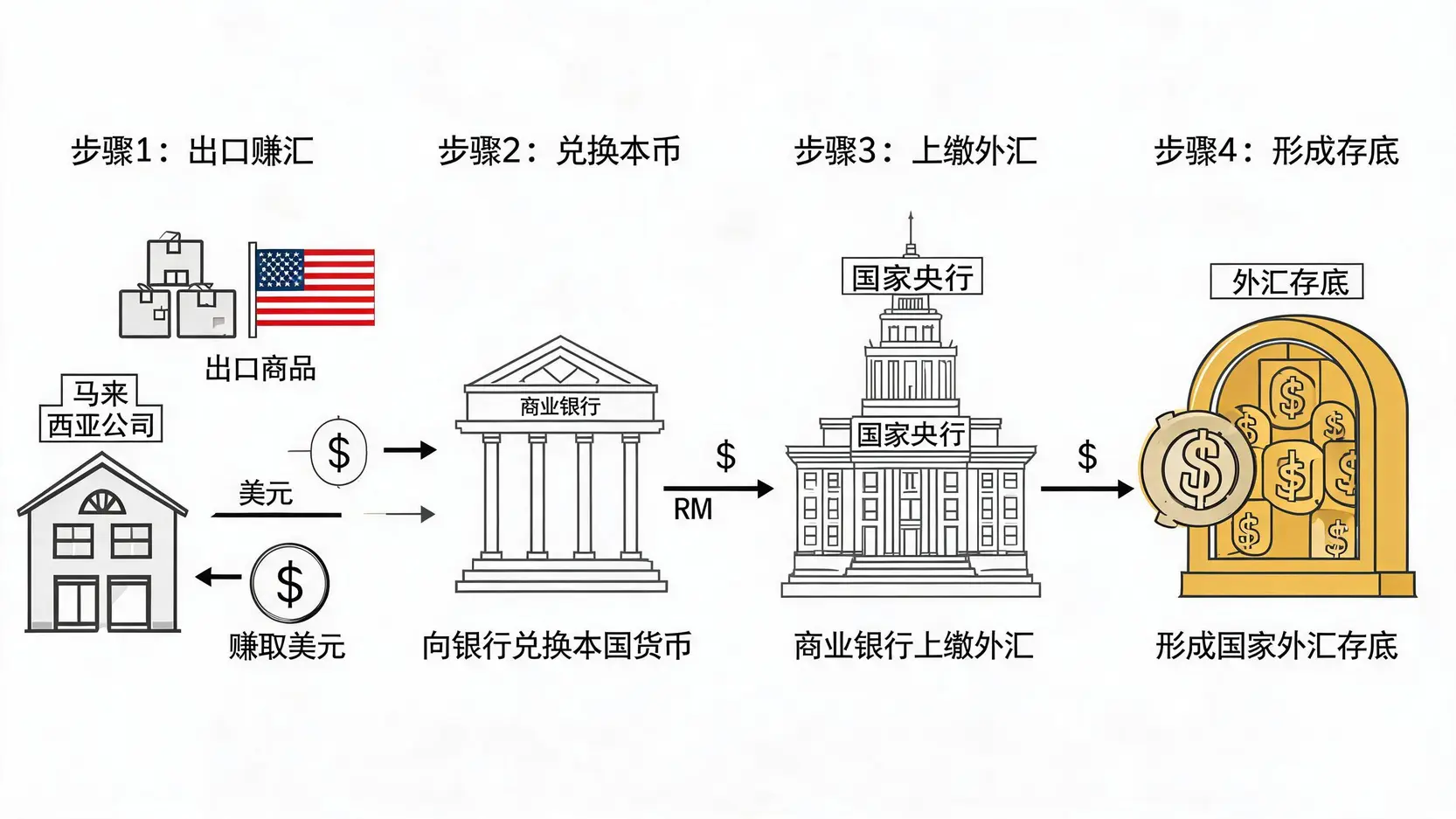 一张流程图,解释贸易顺差如何通过出口公司、商业银行和中央银行的货币兑换过程,最终形成国家外汇存底。