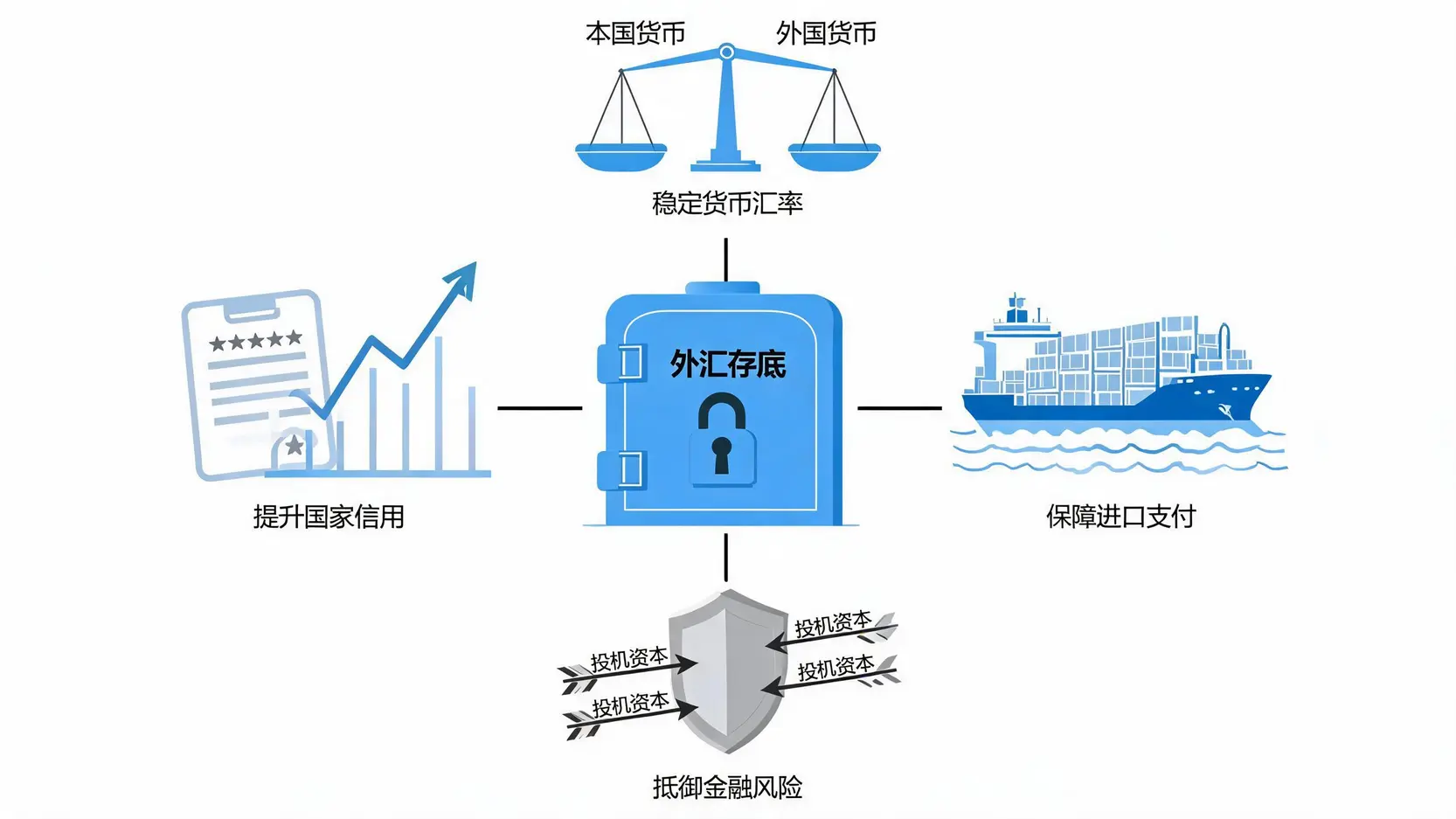 一幅概念图,展示外汇存底的四个主要功能:稳定汇率、保障进口、抵御风险和提升国家信用。
