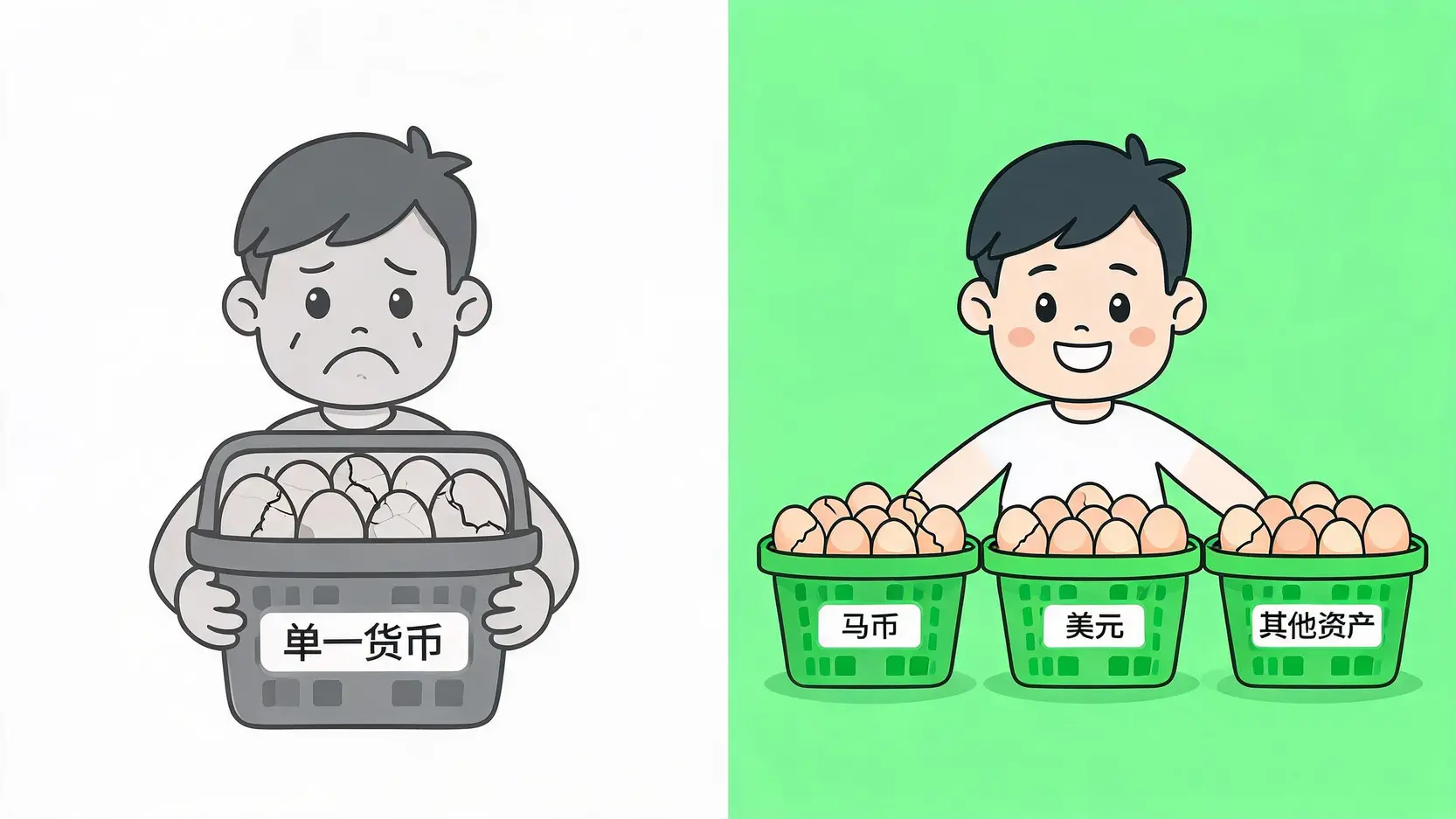 一个图表演示了用美元进行资产多元配置以分散风险的概念。