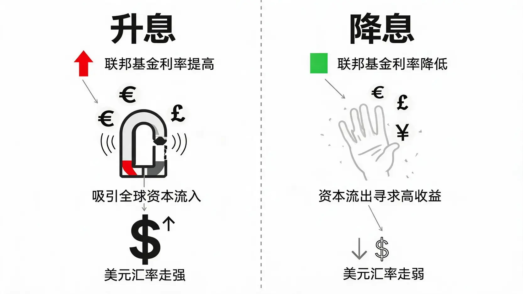 一张对比图,解释升息如何通过吸引资本使美元走强,而降息则因资本流出导致美元走弱。