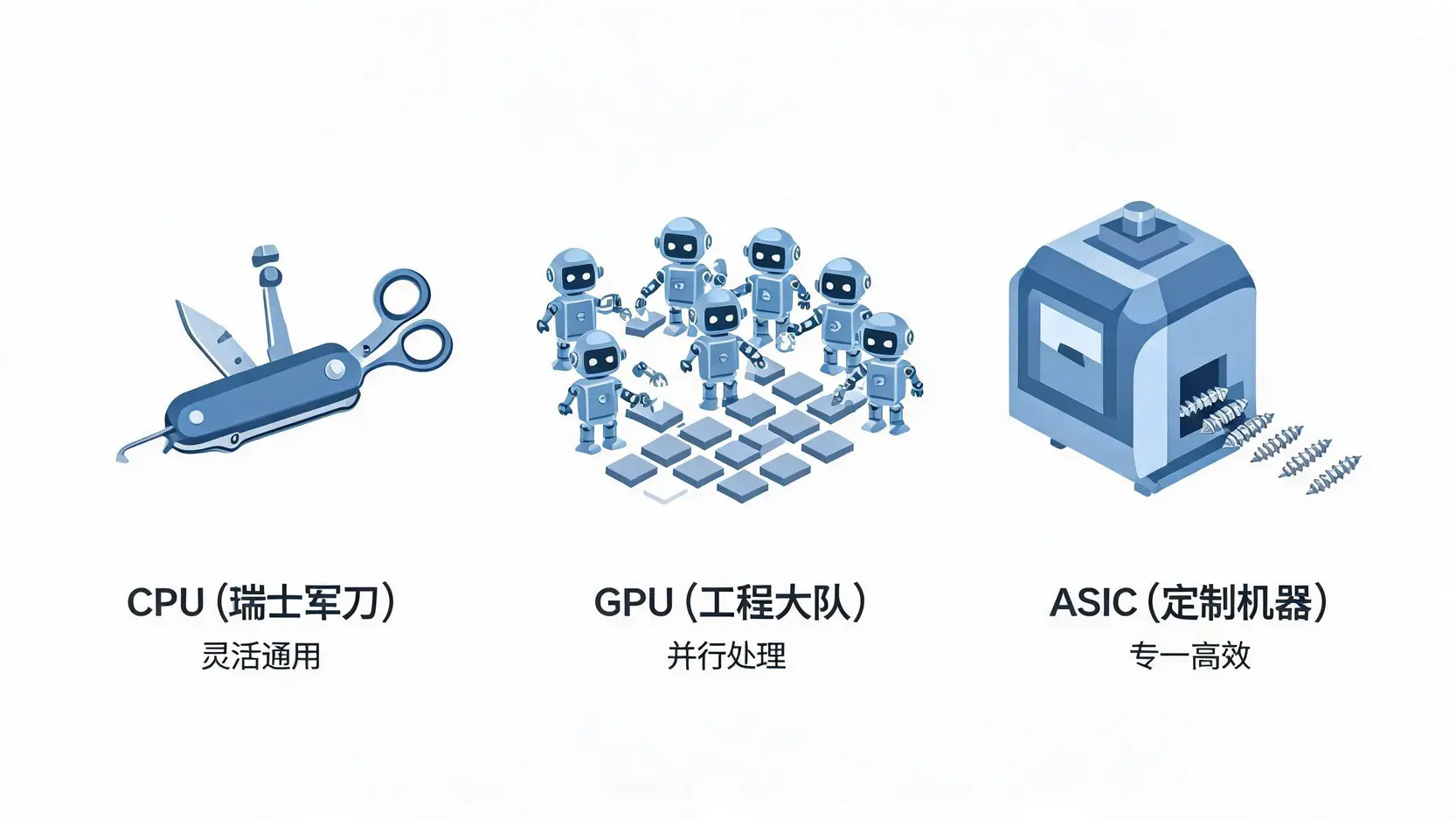 一张对比图,生动展示了CPU比喻为瑞士军刀,GPU比喻为施工队,ASIC比喻为定制机器的核心区别。