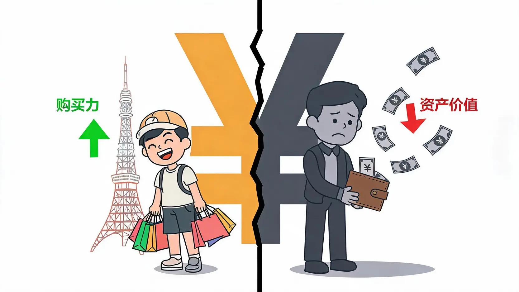 一张图表演示日元贬值对游客和投资者的不同影响,一边是开心的游客,另一边是忧虑的投资者。
