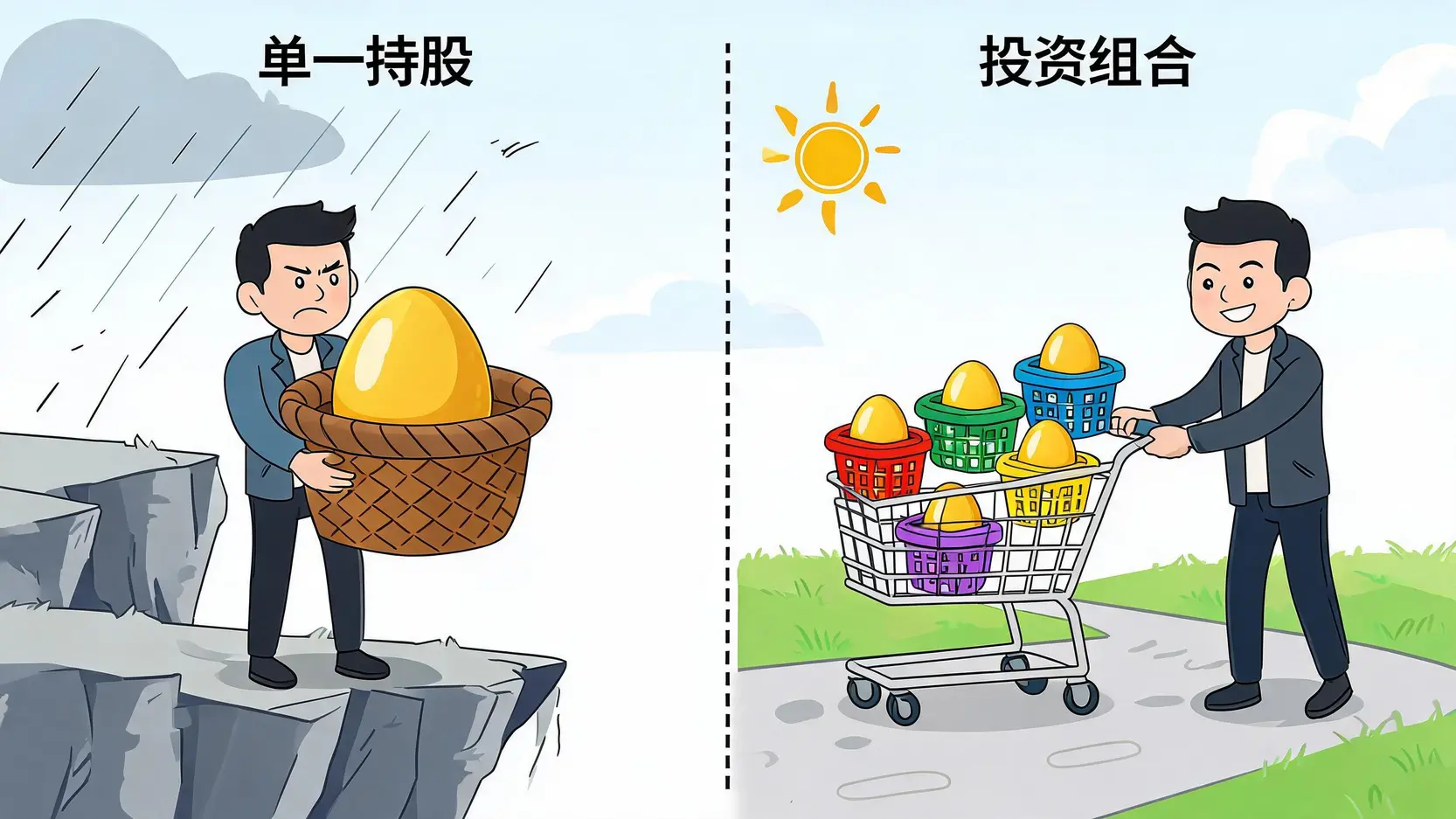 单一持股与投资组合风险的对比图,形象地展示了分散投资的重要性。