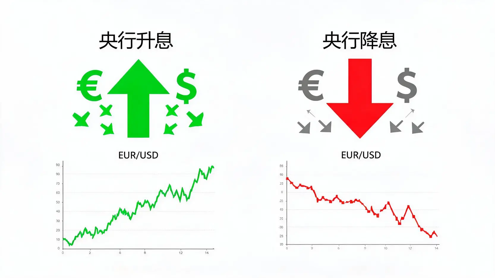 一张图解释央行升息与降息如何影响欧元兑美元汇率的流程图