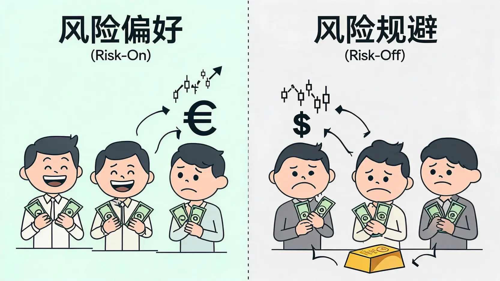 对比图展示风险偏好(Risk-On)与风险规避(Risk-Off)两种市场情绪下资金流向的区别