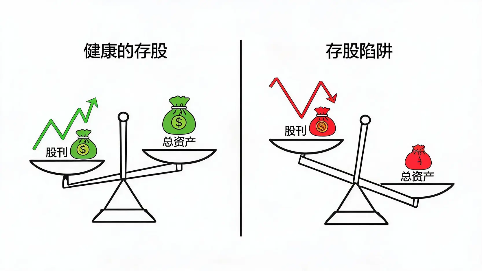 存股风险对比图,一边是股价上涨赚取股利和价差,另一边是股价下跌导致赚了股息却赔了价差的亏损情况。