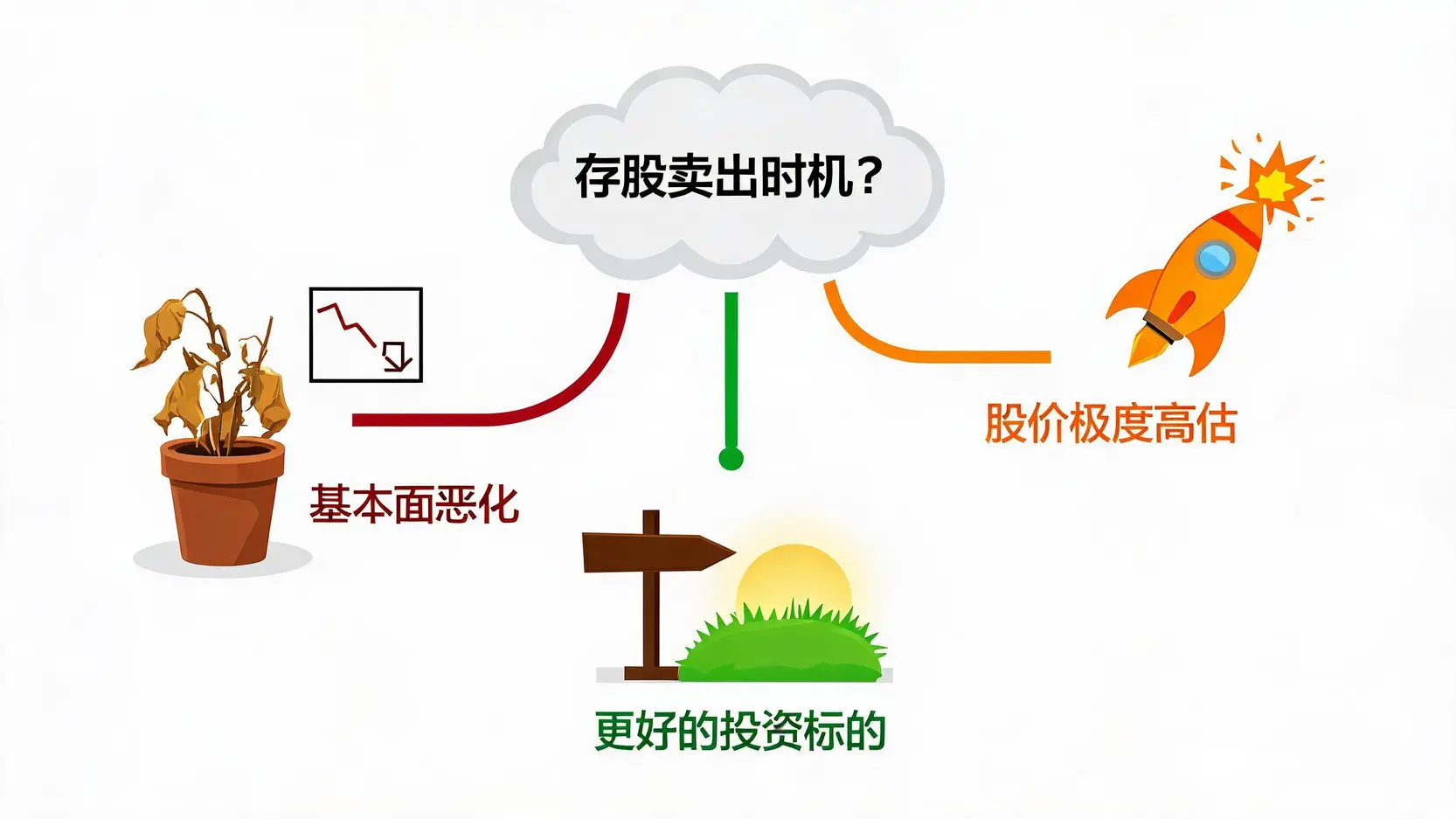 存股卖出三大时机的概念图,包括基本面恶化、股价极度高估和出现更好的投资标的。