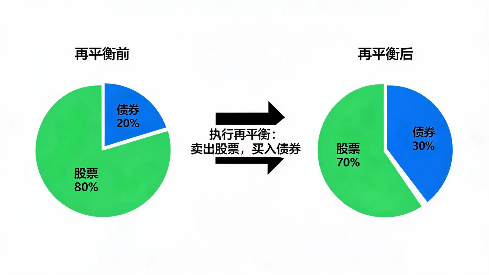 资产再平衡示意图,展示了如何通过卖出占比过高的股票并买入占比过低的债券,将80/20的投资组合恢复到70/30的目标比例。