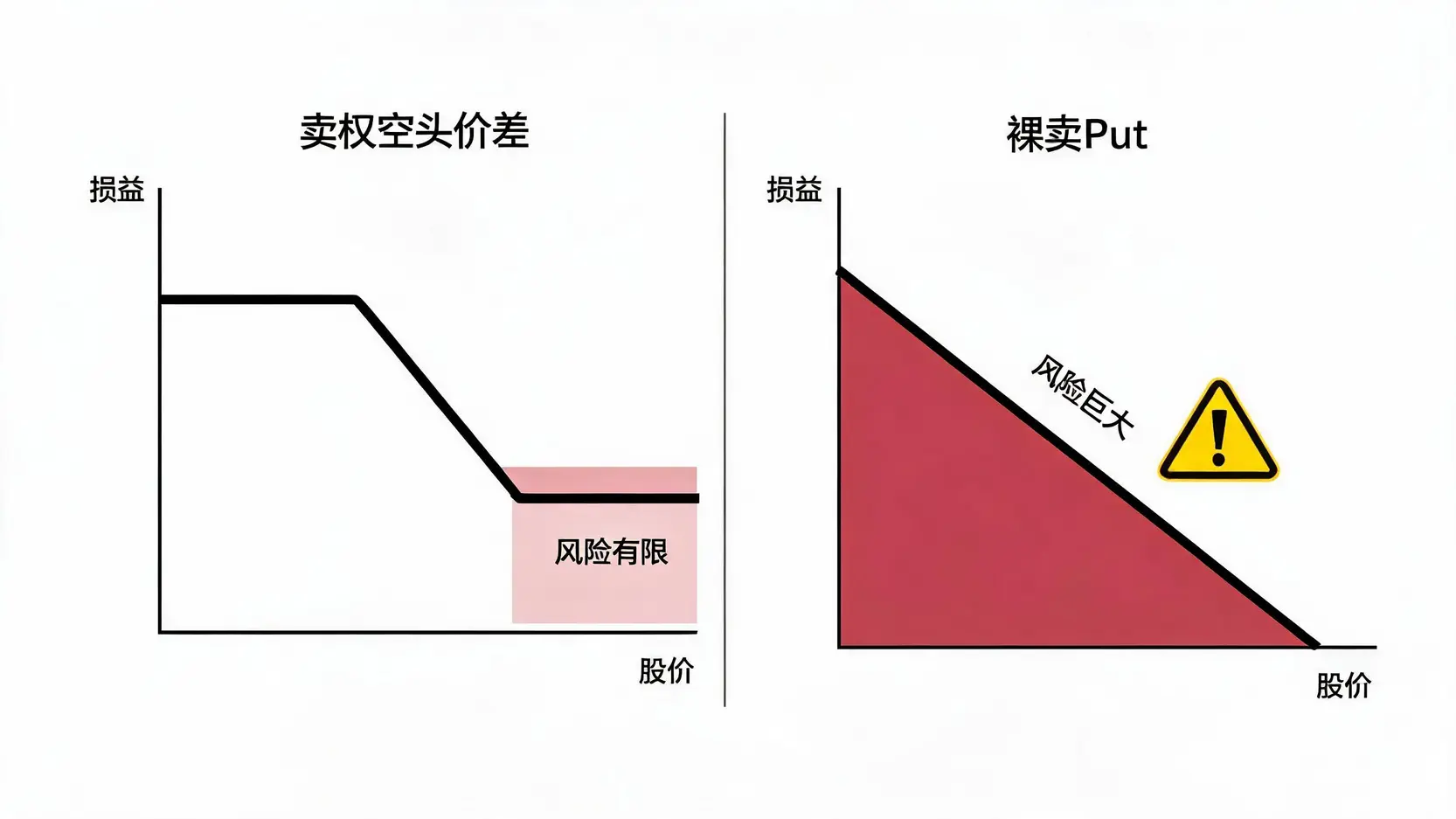 卖权空头价差与裸卖Put策略的风险对比图,显示前者风险有限而后者风险巨大。