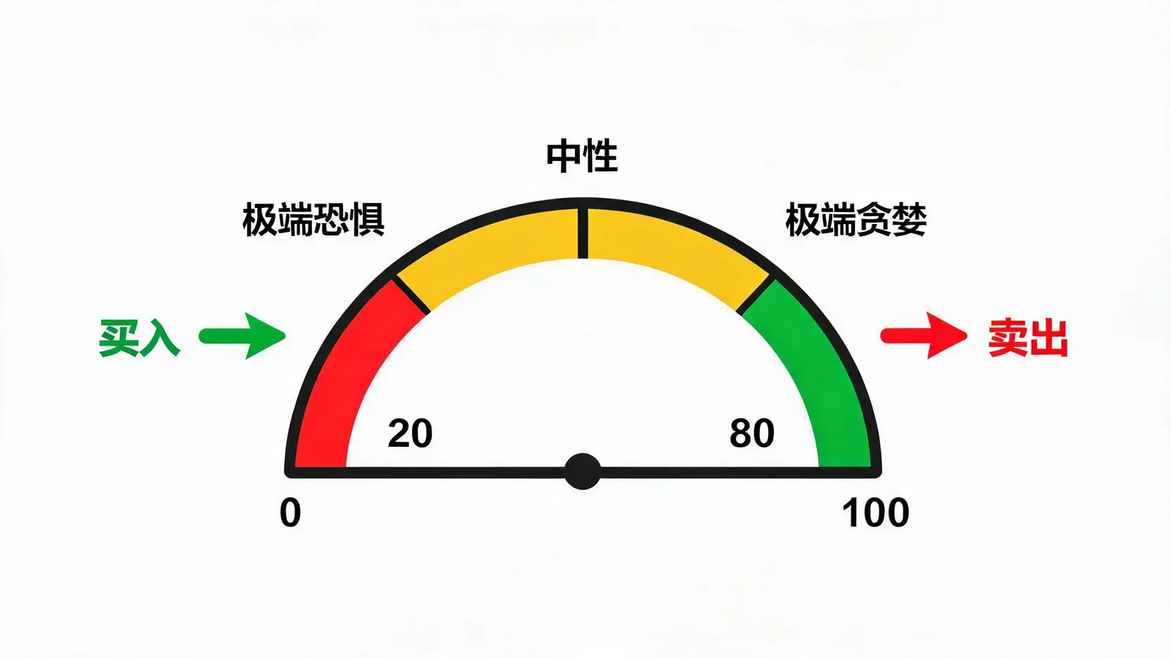 美股贪婪指数极值反转交易策略图,显示在指数低于20时买入,高于80时卖出。