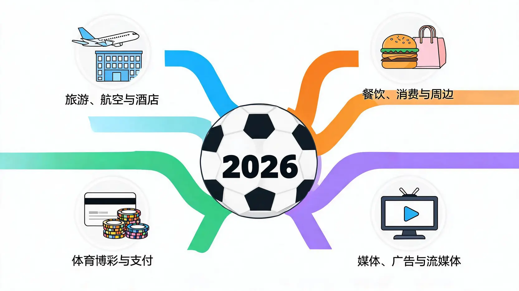 概念图,展示2026世界杯投资的四大核心赛道:旅游航空、餐饮消费、媒体广告、体育博彩与支付。