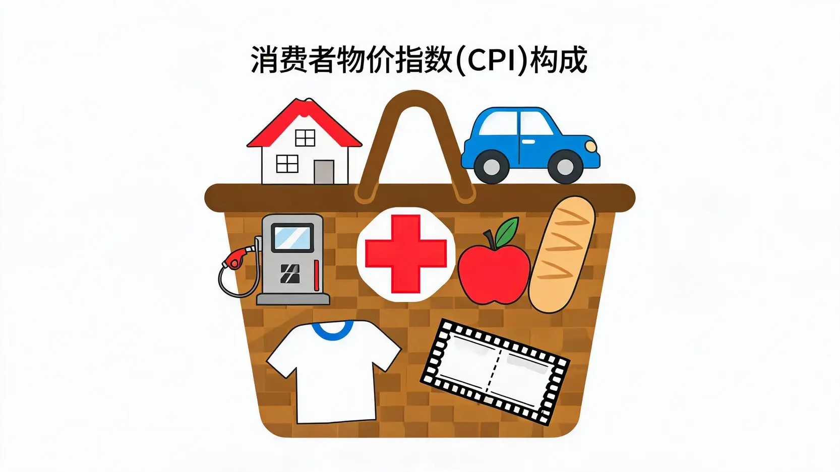 一个图示,展示了构成消费者物价指数(CPI)的一篮子商品和服务,包括食品、住房、交通和医疗等。