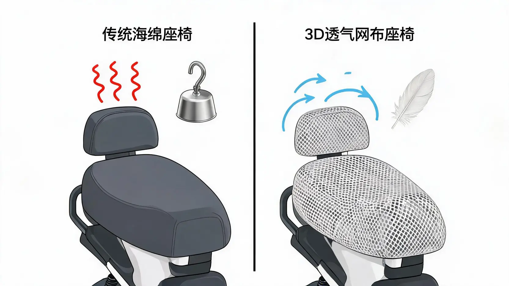 传统汽车海绵座椅与3D透气网布座椅的重量与透气度对比图