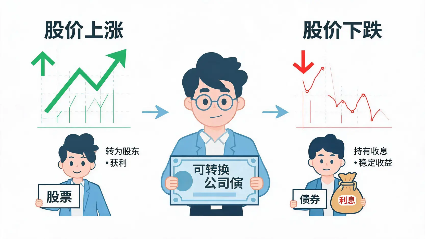 一張圖說明可轉換公司債的運作邏輯:當股價上漲時,投資者可轉換為股東;當股價下跌時,則繼續當債主領取利息。