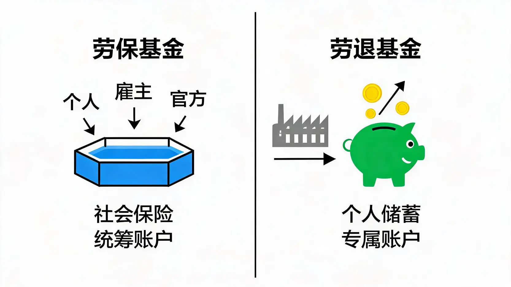 劳保基金与劳退基金对比图,清晰展示了两者在资金来源、账户归属和性质上的根本不同。