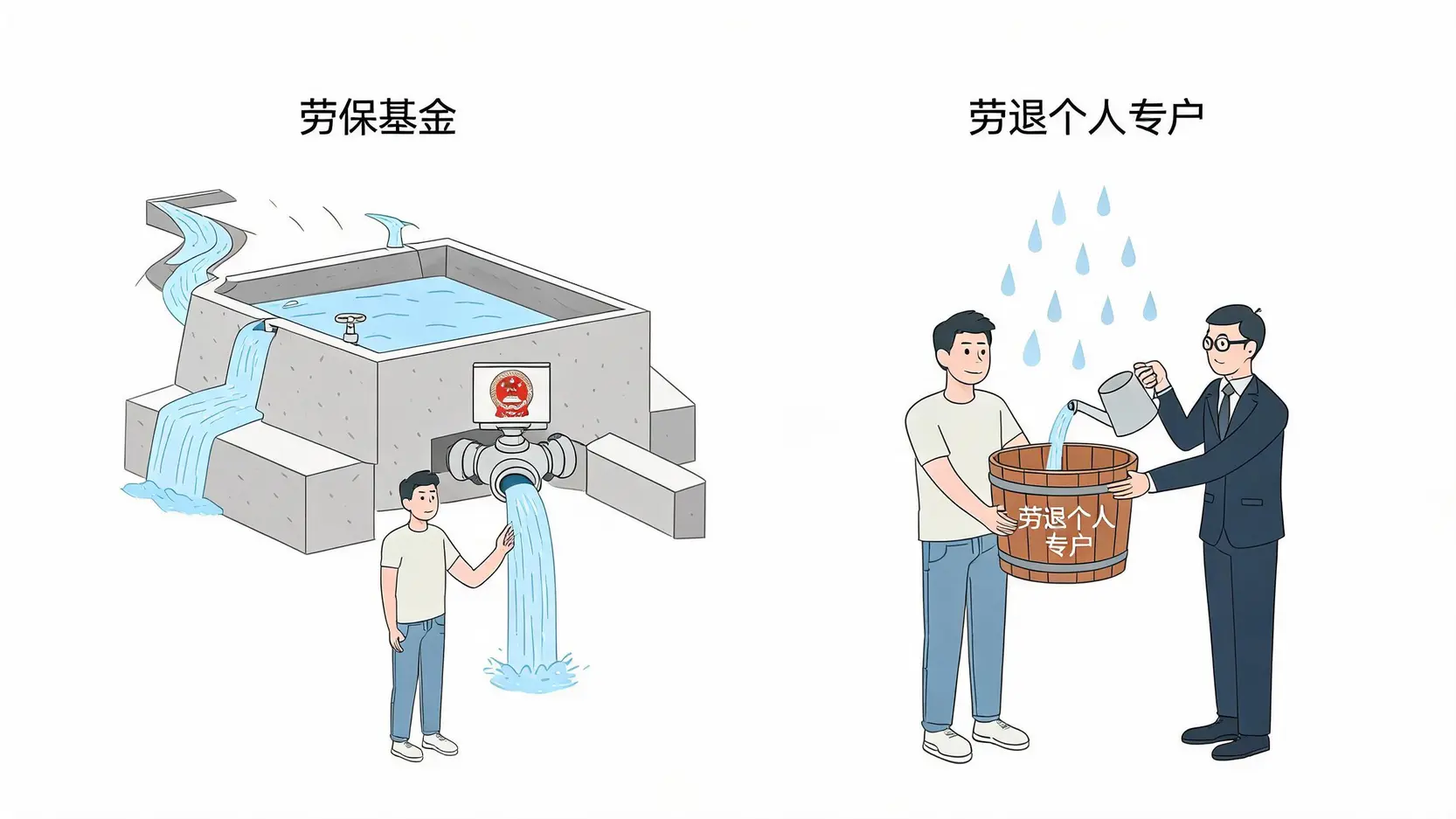 劳保基金的水库比喻与劳退基金的水桶比喻概念图,形象说明了集体基金与个人账户的区别。