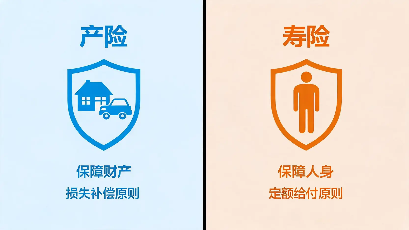 产险与寿险核心区别对比图,左侧为保障财产的产险,右侧为保障人身的寿险。