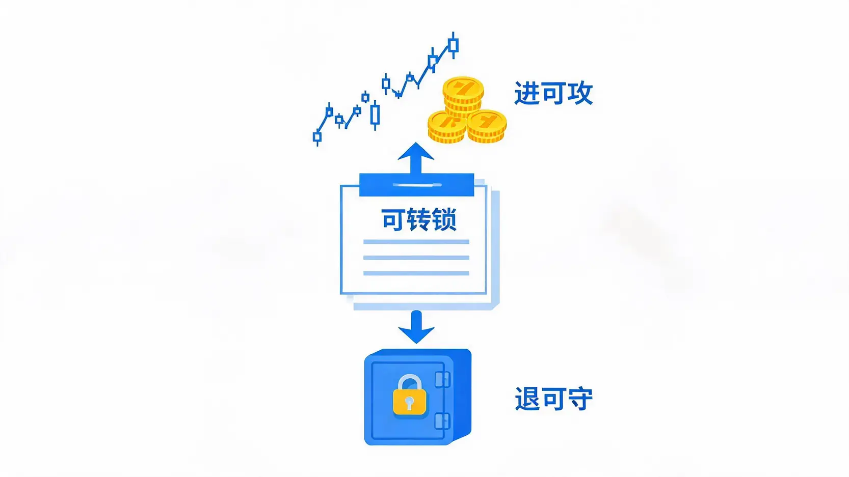 可转债进可攻退可守的特性示意图,展示了其可转换为股票获得收益或作为债券保障本金的两种选择。