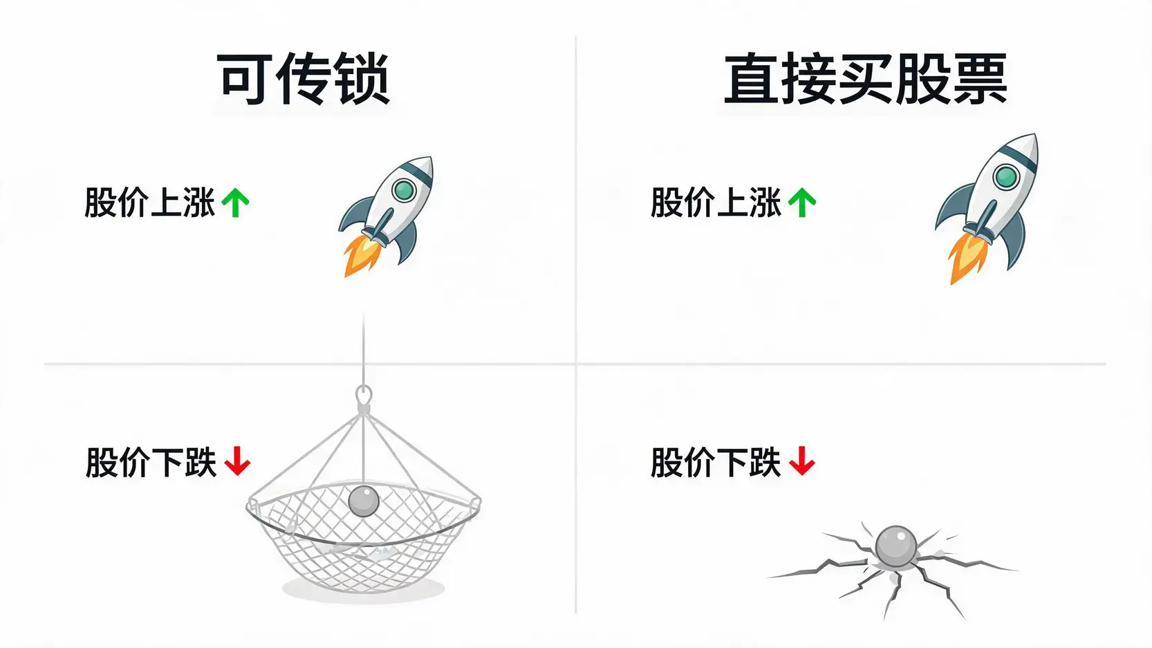 投资可转债与直接买股票的风险收益对比图,显示了股价上涨和下跌时两种投资方式的不同结果。
