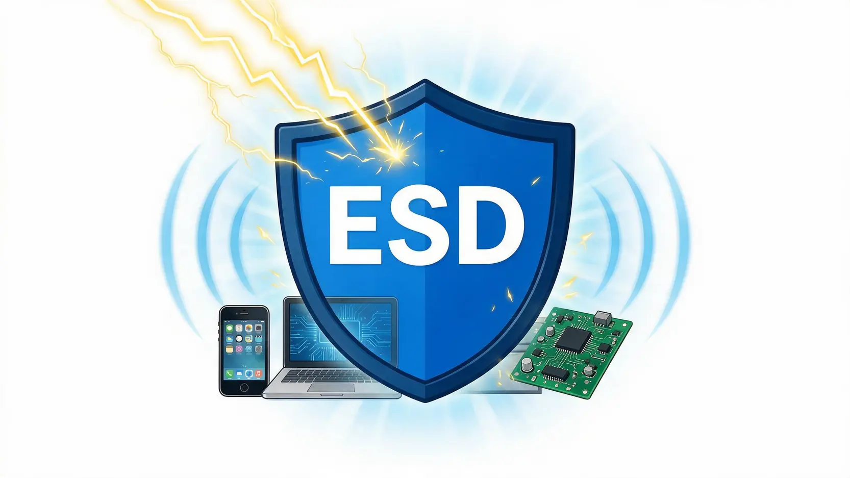 一個帶有ESD字樣的盾牌保護著智能手機和電腦等電子產品免受靜電攻擊的示意圖