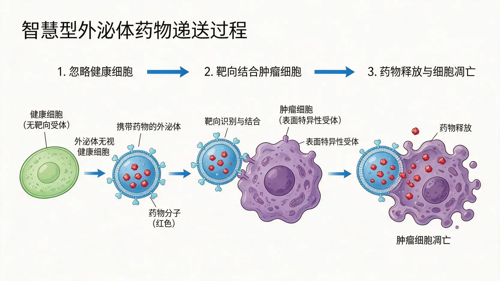 智慧型外泌体技术示意图,展示其如何将药物精准递送至肿瘤细胞同时避开正常细胞。