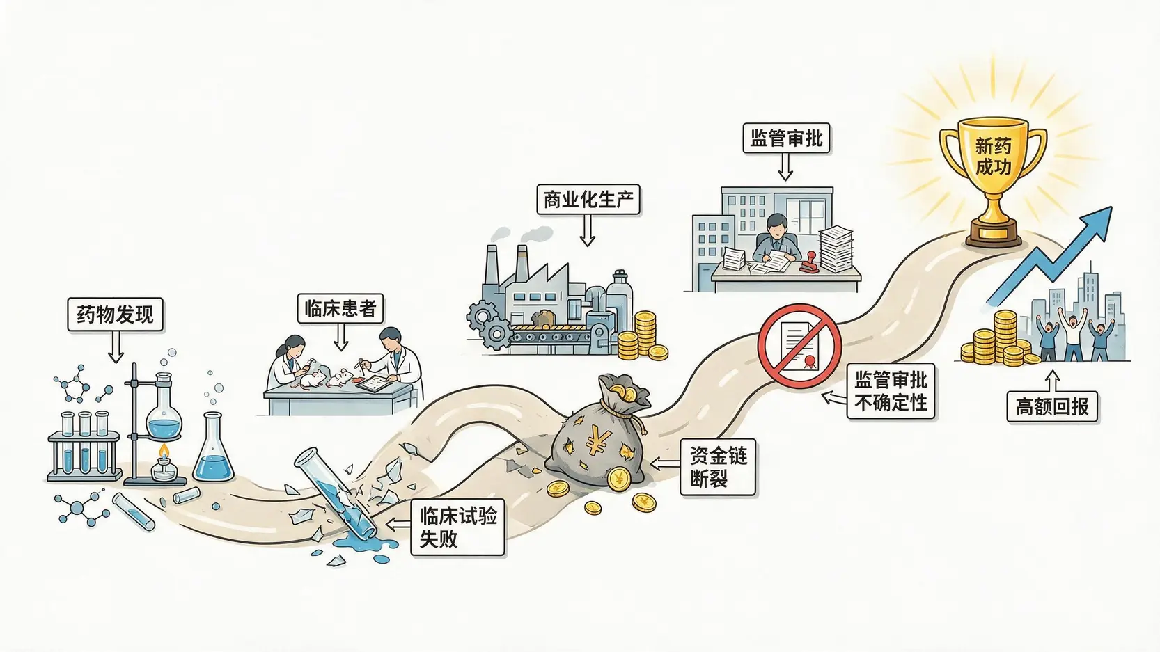 投资生物科技股的三大潜在风险:临床试验失败、资金链断裂和监管审批不确定性。